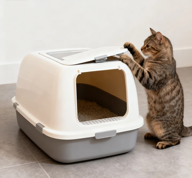Two different types of litter boxes placed in a quiet room