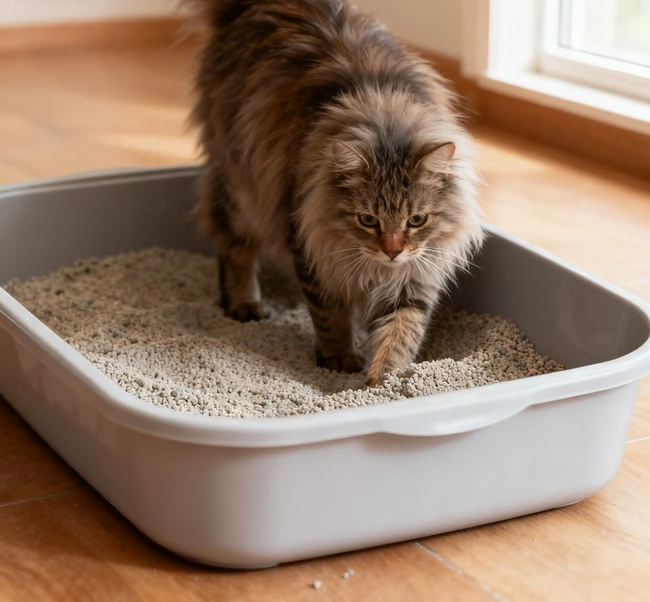 A content cat sitting next to a clean and well-maintained litter box