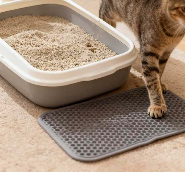 An attractive piece of furniture that discreetly hides a litter box inside