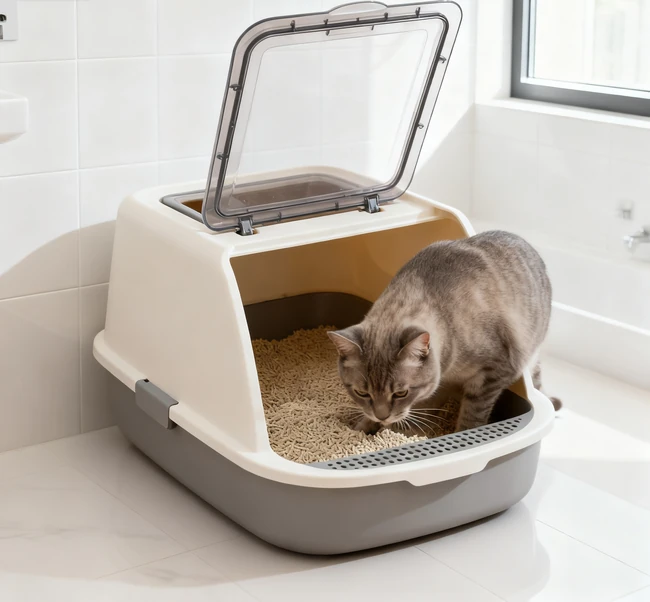 A happy cat sitting on a clean, litter-free floor next to its litter box