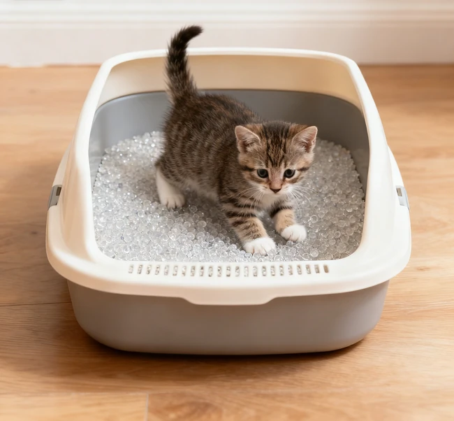 Eine glückliche Katze sitzt neben ihrem Besitzer, nachdem sie die Müllkasse erfolgreich benutzt hat