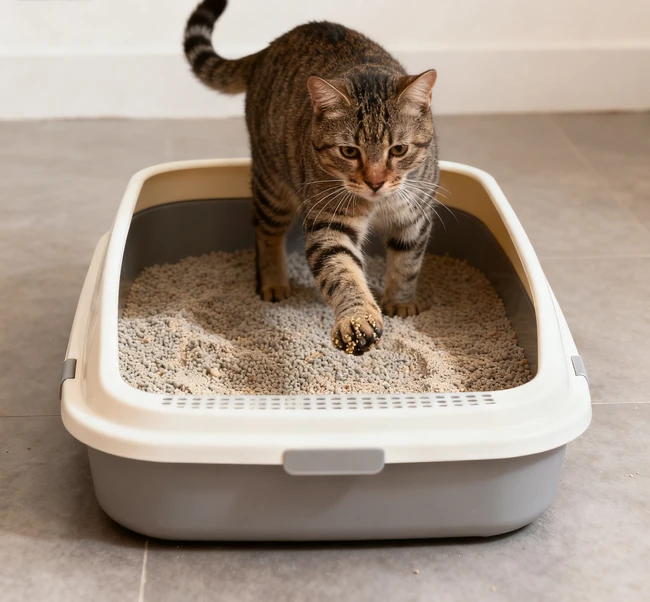 A content cat sitting next to a clean, well-suited litter box