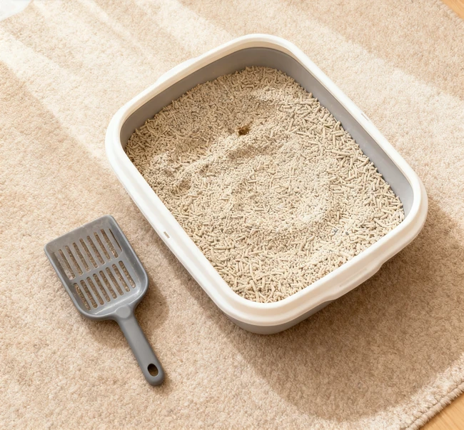 A content cat sitting on a clean, litter-free floor in a modern home