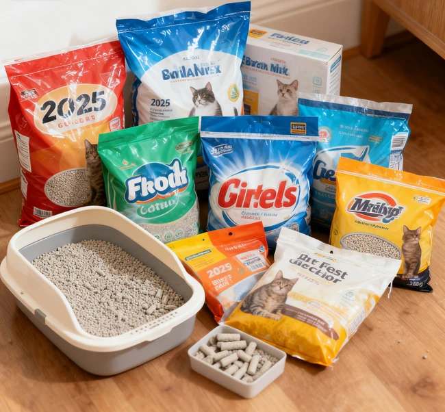 A happy and content cat sitting next to a clean litter box